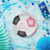 roze zwarte witte voetbal op verjaardagsfeestje papieren bordje (Feest)