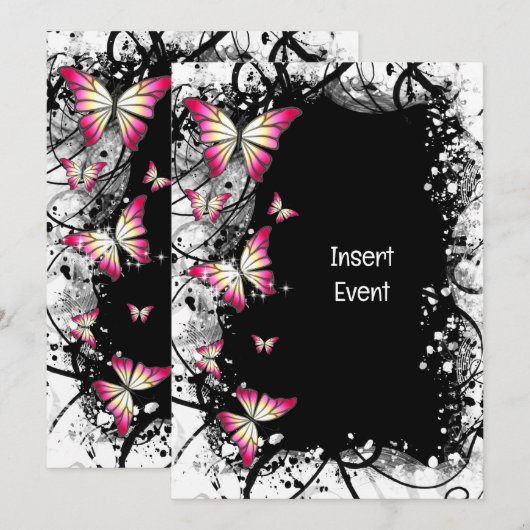 roze zwarte witte waterverf vlinder kaart (Voorkant / Achterkant)