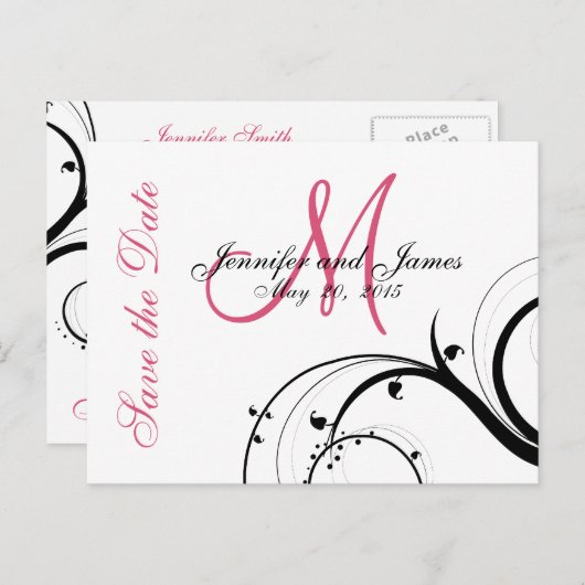 Roze, zwarte, witte wervelingen Save the Date Brie Aankondigingskaart (Voorkant / Achterkant)