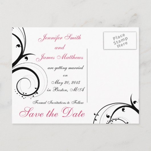 Roze, zwarte, witte wervelingen Save the Date Brie Aankondigingskaart (Achterkant)