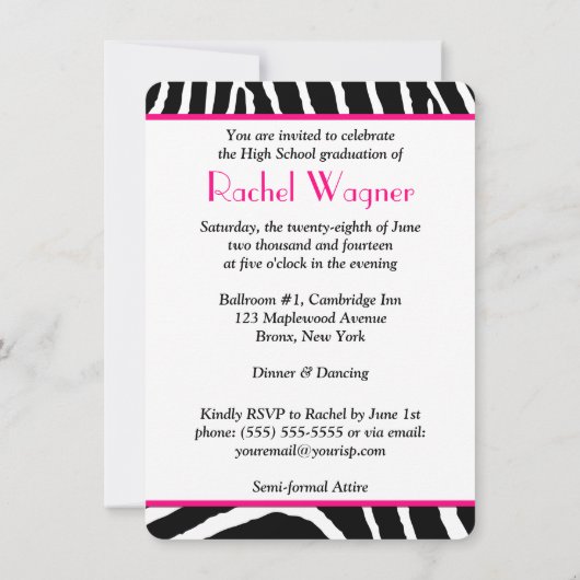 Roze, zwarte, witte zebra AfdrukAfstuderen uitnodi Kaart (Achterkant)