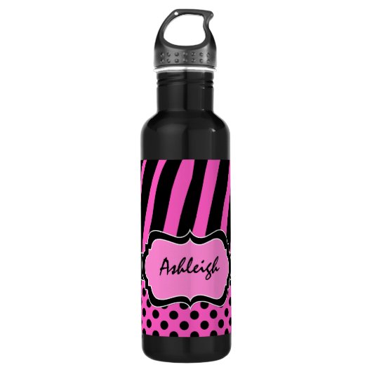 Roze, zwarte, witte zebrastripes waterfles (Voorkant)
