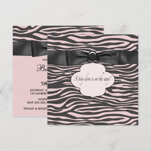 Roze Zwarte Zebra Baby Meisje Douche Kaart (Voorkant / Achterkant)