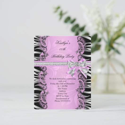 Roze zwarte Zebra Elegant Birthday Party Kaart (Staand voorkant)