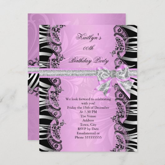 Roze zwarte Zebra Elegant Birthday Party Kaart (Voorkant / Achterkant)