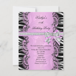 Roze zwarte Zebra Elegant Birthday Party Kaart