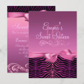 Roze/Zwarte Zebra Print & Boog Verjaardag Uitnodig Kaart (Voorkant / Achterkant)