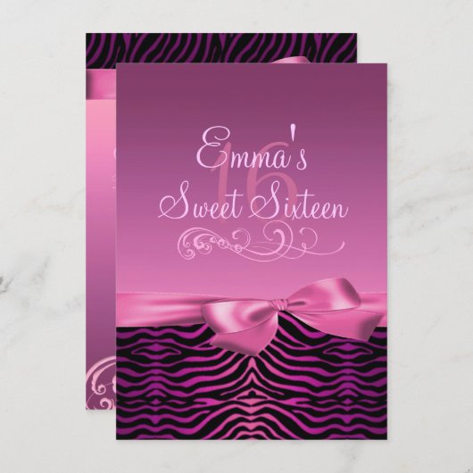 Roze/Zwarte Zebra Print & Boog Verjaardag Uitnodig Kaart (Voorkant / Achterkant)