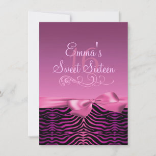 Roze/Zwarte Zebra Print & Boog Verjaardag Uitnodig Kaart