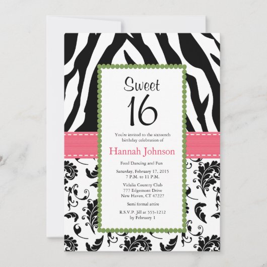 Roze zwarte Zebra Print Sweet Sixteen uitnodiging (Voorkant)
