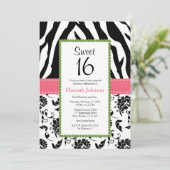 Roze zwarte Zebra Print Sweet Sixteen uitnodiging (Staand voorkant)