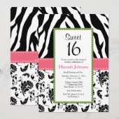 Roze zwarte Zebra Print Sweet Sixteen uitnodiging (Voorkant / Achterkant)