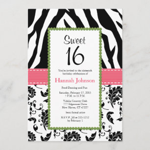 Roze zwarte Zebra Print Sweet Sixteen uitnodiging