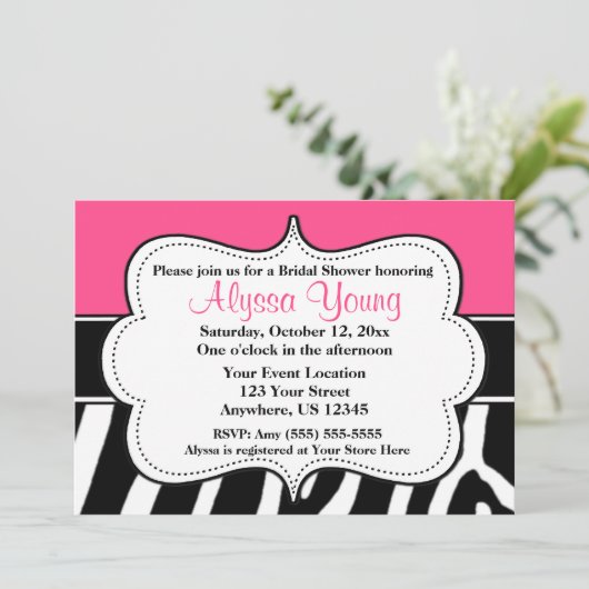 Roze zwarte zebra print uitnodiging (Staand voorkant)