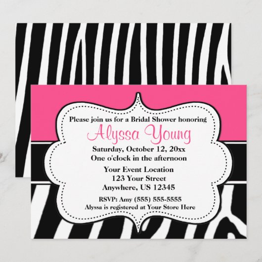 Roze zwarte zebra print uitnodiging (Voorkant / Achterkant)