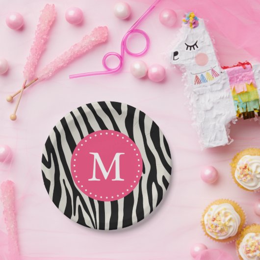 Roze & Zwarte Zebra Stripe Monogram Verjaardagsfee Papieren Bordje (Feest)