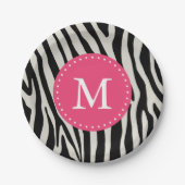 Roze & Zwarte Zebra Stripe Monogram Verjaardagsfee Papieren Bordje (Voorkant)