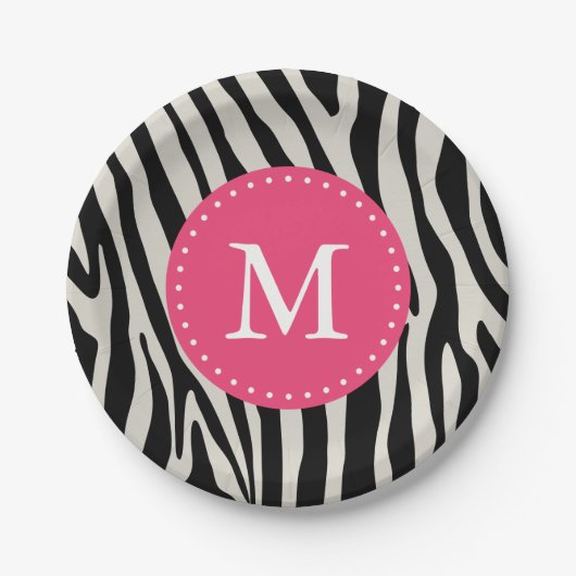 Roze & Zwarte Zebra Stripe Monogram Verjaardagsfee Papieren Bordje (Voorkant)