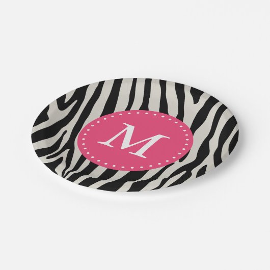 Roze & Zwarte Zebra Stripe Monogram Verjaardagsfee Papieren Bordje (Gekanteld)