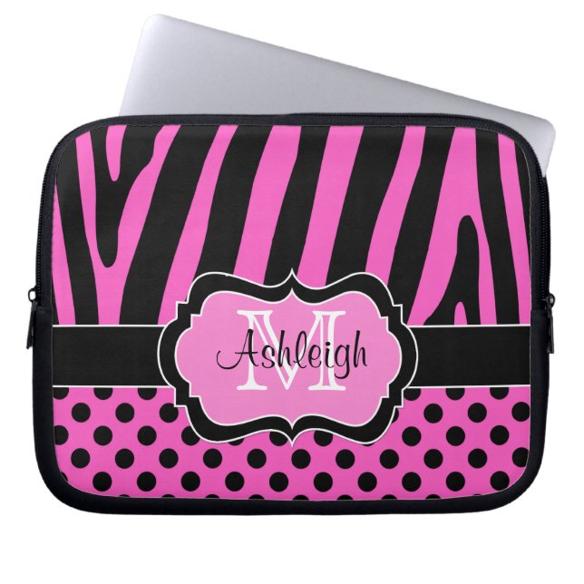 Roze zwarte Zebra Stripes Polka Dots Hoesje Laptop Sleeve (Voorkant)