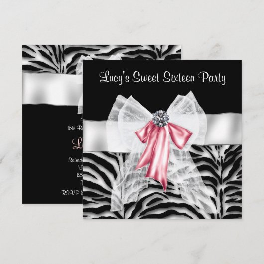 Roze zwarte Zebra Sweet 16 Birthday Party Kaart (Voorkant / Achterkant)