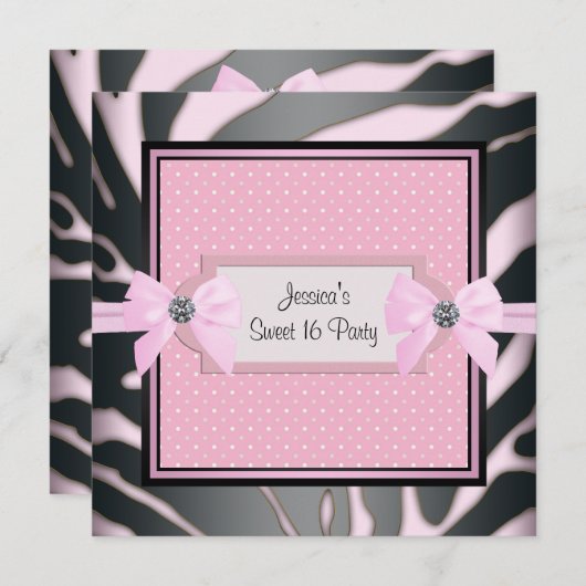 Roze zwarte Zebra Sweet 16 Birthday Party Kaart (Voorkant / Achterkant)