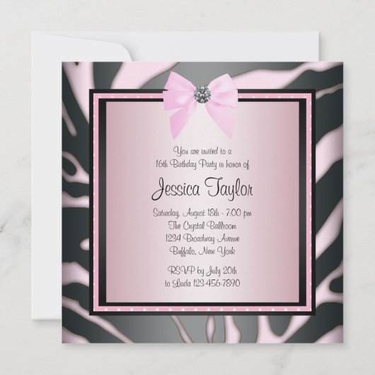 Roze zwarte Zebra Sweet 16 Birthday Party Kaart (Achterkant)