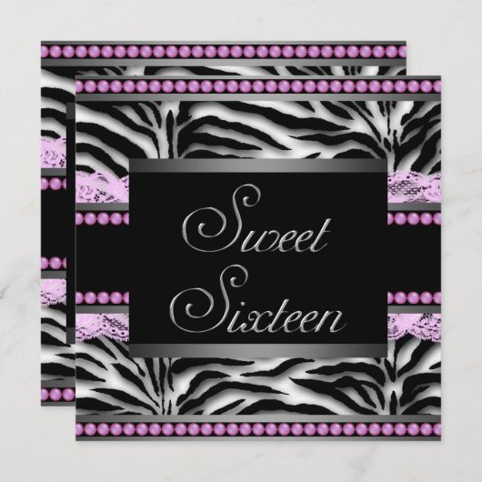 Roze Zwarte Zebra Sweet 16 Party Kaart (Voorkant / Achterkant)