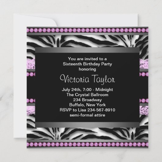 Roze Zwarte Zebra Sweet 16 Party Kaart (Achterkant)