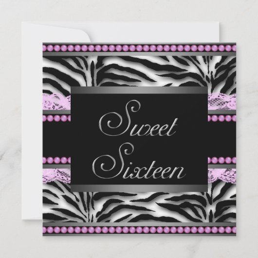 Roze Zwarte Zebra Sweet 16 Party Kaart (Voorkant)