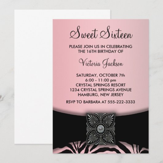 Roze Zwarte Zebra Sweet Sixteen Party Kaart (Voorkant / Achterkant)