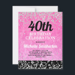 Roze zwarte zilver Glitter Adult 40th Birthday Kaart<br><div class="desc">Fun,  glitzy en glaoureus 40e verjaardag partijuitnodiging voor vrouwen met veel brokken. Het ontwerp is helder,  warm roze op zwart met dunne zilveren glitter en diamanten. U kunt de tekst op deze kaart aanpassen voor een verjaardagsfeestje voor elke leeftijd die u viert.</div>
