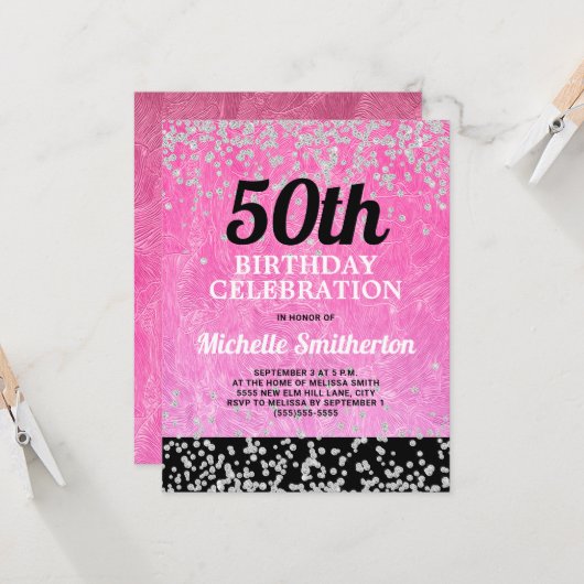 Roze zwarte zilver Glitter Adult 50th Birthday Kaart (Voorkant / Achterkant in situ)