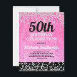 Roze zwarte zilver Glitter Adult 50th Birthday Kaart<br><div class="desc">Fun,  glitzy en glamoureus uitnodiging voor een 50e verjaardag voor vrouwen met veel brokken. Het ontwerp is helder,  warm roze op zwart met dunne zilveren glitter en diamanten. U kunt de tekst op deze kaart aanpassen voor een verjaardagsfeestje voor elke leeftijd die u viert.</div>