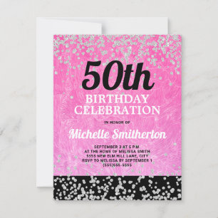 Roze zwarte zilver Glitter Adult 50th Birthday Kaart