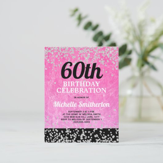 Roze zwarte zilver Glitter Adult 60e verjaardag Kaart (Staand voorkant)
