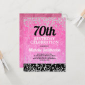 Roze zwarte zilver Glitter Adult 70th Birthday Kaart (Voorkant / Achterkant in situ)