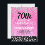Roze zwarte zilver Glitter Adult 70th Birthday Kaart<br><div class="desc">70ste verjaardag uitnodiging voor vrouwen in felroze,  zwart met dunne zilveren glitter. U kunt de tekst op deze kaart aanpassen voor een verjaardagsfeestje voor elke leeftijd die u viert.</div>