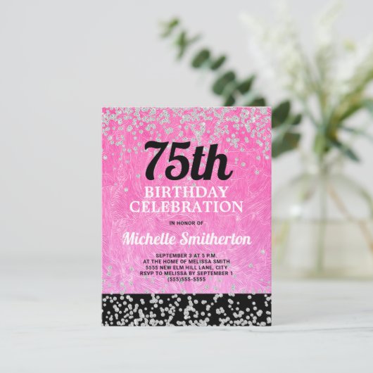 Roze zwarte zilver Glitter Adult 75th Birthday Kaart (Staand voorkant)