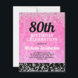 Roze zwarte zilver Glitter Adult 80th Birthday Kaart<br><div class="desc">Fun uitnodiging voor een 80e verjaardag voor vrouwen in felroze,  zwart met dunne zilveren glitter. U kunt de tekst op deze kaart aanpassen voor een verjaardagsfeestje voor elke leeftijd die u viert.</div>