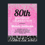 Roze zwarte zilver Glitter Adult 80th Birthday Kaart<br><div class="desc">Fun uitnodiging voor een 80e verjaardag voor vrouwen in felroze,  zwart met dunne zilveren glitter. U kunt de tekst op deze kaart aanpassen voor een verjaardagsfeestje voor elke leeftijd die u viert.</div>