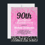 Roze zwarte zilver Glitter Adult 90th Birthday Kaart<br><div class="desc">Fun,  glitzy en glamoureuze uitnodiging voor 90e verjaardag voor vrouwen in felle,  roze zwarte,  met dunne zilveren glitter. U kunt de tekst op deze kaart aanpassen voor een verjaardagsfeestje voor elke leeftijd die u viert.</div>