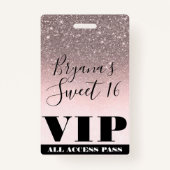Roze zwarte zilver Glitter Glam Sweet 16 VIP-pas Badge (Voorkant)