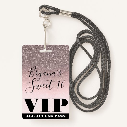 Roze zwarte zilver Glitter Glam Sweet 16 VIP-pas Badge (Voorkant met draagriem)