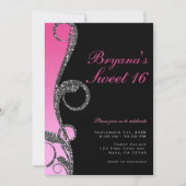 Roze zwarte zilver Glitter Swirl Sweet 16 Party Kaart (Voorkant)