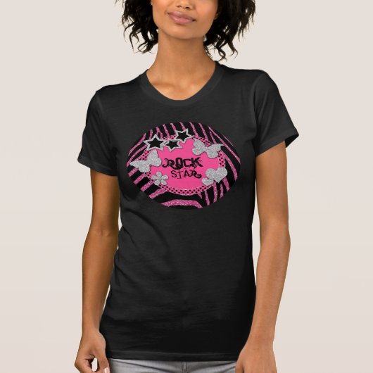 Roze zwarte zilver Zebra Glitter Rock Star T-Shirt (Voorkant)