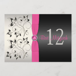 Roze, zwarte, zilvergrijze Floral Bat Mitzvah Invi Kaart