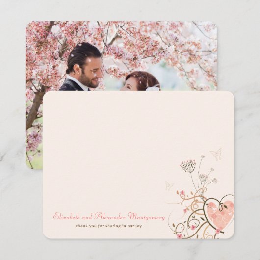 Roze zweet Heart & Butterflies Floral Chic Wedding Bedankkaart (Voorkant / Achterkant)