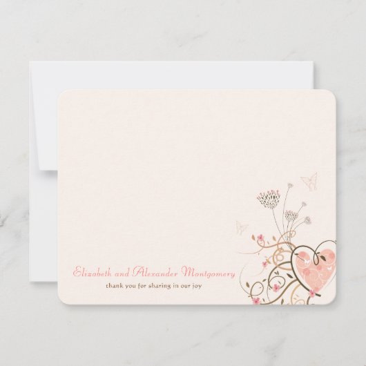 Roze zweet Heart & Butterflies Floral Chic Wedding Bedankkaart (Voorkant)