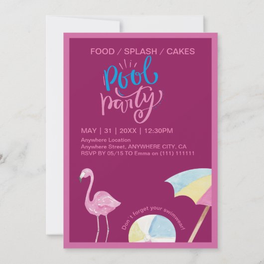roze zwembad feest plons verjaardag Uitnodiging (Achterkant)